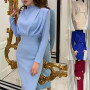 Dropshipping Lady Dress Solid Color Tight Waist Sexy Half High Collar Ankle Length Sheath Dress for Party
