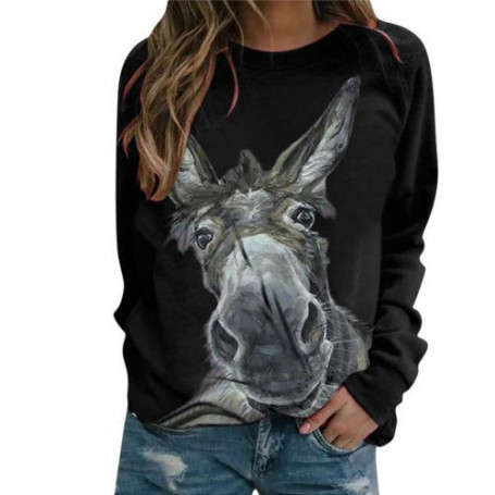 Wholesales Women Fashion Autumn Long Sleeve Pullover Blouse Donkey Print Loose Sweatshirt