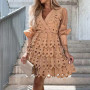 Retro Solid Hollow Out Lace Shirt Dress Elegant  Long Sleeve Tennis Beach Dress Spring Mesh Backless Sexy Mini Dress Robe Mujer