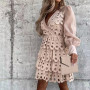 Retro Solid Hollow Out Lace Shirt Dress Elegant  Long Sleeve Tennis Beach Dress Spring Mesh Backless Sexy Mini Dress Robe Mujer