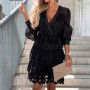 Retro Solid Hollow Out Lace Shirt Dress Elegant  Long Sleeve Tennis Beach Dress Spring Mesh Backless Sexy Mini Dress Robe Mujer