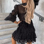 Retro Solid Hollow Out Lace Shirt Dress Elegant  Long Sleeve Tennis Beach Dress Spring Mesh Backless Sexy Mini Dress Robe Mujer