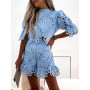 Women Two Pieces Sets Sexy Hollow Tracksuits Shirt With Mini Shorts Fashion Clothing Outfits Summer Lace Puff Sleeve Shorts Suit