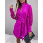 New Sexy Lace Hollow Out Shirt Dress of Femmer Autumn Spring V-Neck Long Sleeve Solid Party Dress Vintage Buttom Beach Dresses