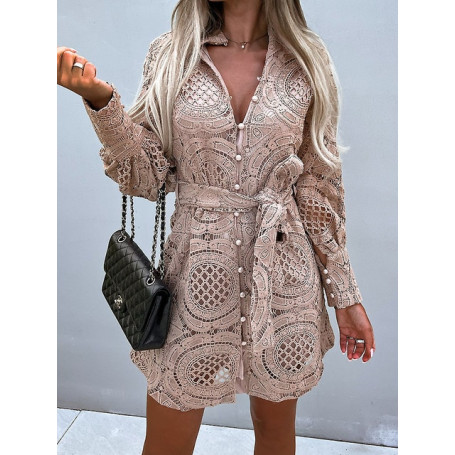 New Sexy Lace Hollow Out Shirt Dress of Femmer Autumn Spring V-Neck Long Sleeve Solid Party Dress Vintage Buttom Beach Dresses