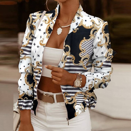 New Short Jacket Women Long Sleeve Coats Female Elegant Spring Autumn Zipper Outwear Office Ladies Print Casual Jackets 2021