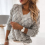 Fashion Trend Women Knitted Sweater Autumn Winter Hollow Out Feather Pattern Long Sleeve V-neck Pullover Casual Tops 5 Color 3XL
