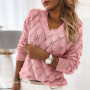Fashion Trend Women Knitted Sweater Autumn Winter Hollow Out Feather Pattern Long Sleeve V-neck Pullover Casual Tops 5 Color 3XL