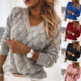 Fashion Trend Women Knitted Sweater Autumn Winter Hollow Out Feather Pattern Long Sleeve V-neck Pullover Casual Tops 5 Color 3XL