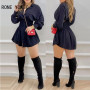 Women Casual Solid&Letter waistband Letter Print Shirred Lantern Sleeve Buttoned Shirt Dress