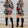Women Casual Solid&Letter waistband Letter Print Shirred Lantern Sleeve Buttoned Shirt Dress