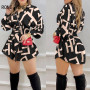 Women Casual Solid&Letter waistband Letter Print Shirred Lantern Sleeve Buttoned Shirt Dress