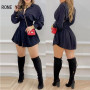 Women Casual Solid&Letter waistband Letter Print Shirred Lantern Sleeve Buttoned Shirt Dress