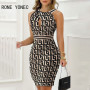 Women Chic Elegant Sleeveless Halter Criss Cross Geo Print Sexy Hollow Out Silt Bodycon Mini Dresses