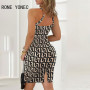 Women Chic Elegant Sleeveless Halter Criss Cross Geo Print Sexy Hollow Out Silt Bodycon Mini Dresses