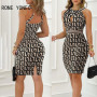 Women Chic Elegant Sleeveless Halter Criss Cross Geo Print Sexy Hollow Out Silt Bodycon Mini Dresses