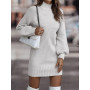 Elegant White Lantern Sleeve Knitted Dress Women Causal Turtleneck Loose Sweater Dress Winter Thick Warm Women Sweater Dress