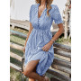 Summer Striped Ruffles Dress Women Elegant Lantern Sleeve Dress Holiday Beach Dress Solid Button V-neck Elastic Waist Midi Dress