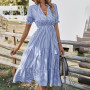 Summer Striped Ruffles Dress Women Elegant Lantern Sleeve Dress Holiday Beach Dress Solid Button V-neck Elastic Waist Midi Dress