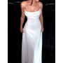 WeiYao Satin Backless Maxi Dress Women Pile Collar Spaghetti Strap Evening Sexy Elegant Party Outfits Floor Length White Dress