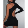 WeiYao Sexy Cut Out Mini Dress 2023 Fashion One Shoulder Party Night Club Outfits for Women Long Sleeve Bodycon Dresses Black