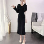 Fashion Designer Pleated Knitted Dress Elegant Women Sweater long Dresses Pullovers Black Long Sleeve Autumn Vestido 2020
