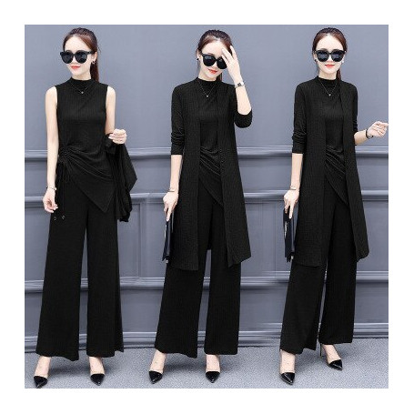 Knitted 3 Pieces Set Women Tracksuit Long Sleeve Cardigan and Sleeveless Pullover Tops and Wide Leg Pantshirt Pants Women's Sets