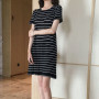 Summer Korean Hollow Out Stripe Aesthetic Casual Dress Women Short Sleeve Sweat Chic Vestidos De Fiesta Sexy Kawaii Robe Femme