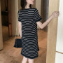 Summer Korean Hollow Out Stripe Aesthetic Casual Dress Women Short Sleeve Sweat Chic Vestidos De Fiesta Sexy Kawaii Robe Femme