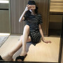 Summer Korean Hollow Out Stripe Aesthetic Casual Dress Women Short Sleeve Sweat Chic Vestidos De Fiesta Sexy Kawaii Robe Femme