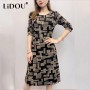 Autumn Winter 6XL Women's Elegant Fashion Vintage Print A-line Dress Ladies Long Sleeve Casual Midi Dresses Robe Femme Vestidos