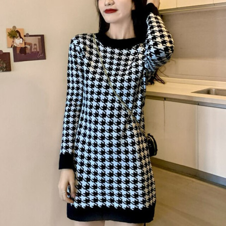 Autumn Winter Vintage Houndstooth Print Mini Bodycon Dress Ladies Casual Fashion Robe Knitting Plaid Dresses Vestidos De Fiesta