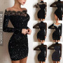 Spring Off Shoulder Splicing Lace Dress Sexy Slim-Fit Bright Silk Bag Hip Black Dress Fashion Elegant Women New Mini Party Dress