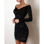 Spring Off Shoulder Splicing Lace Dress Sexy Slim-Fit Bright Silk Bag Hip Black Dress Fashion Elegant Women New Mini Party Dress