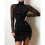 Spring Off Shoulder Splicing Lace Dress Sexy Slim-Fit Bright Silk Bag Hip Black Dress Fashion Elegant Women New Mini Party Dress