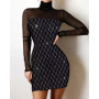 Spring Off Shoulder Splicing Lace Dress Sexy Slim-Fit Bright Silk Bag Hip Black Dress Fashion Elegant Women New Mini Party Dress