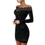 Spring Off Shoulder Splicing Lace Dress Sexy Slim-Fit Bright Silk Bag Hip Black Dress Fashion Elegant Women New Mini Party Dress