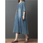 Summer New 2022 Korean Fashion Oversized Loose Long Dress Women's Casual V-neck Middle Sleeve Denim Dress Vintage Elegant Robe