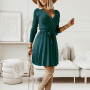 Women V Neck Solid Color Mini Dress Elegant Casual Long Sleeve Lace-up Slim Dress Spring Fashion Office Pleated Knitting Dresses