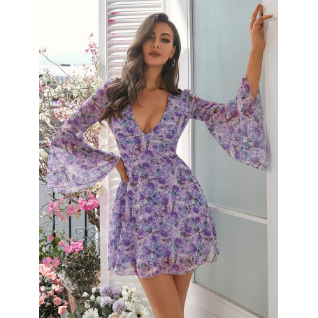 V Neck Elegant Long Sleeve Floral Mini  Dress Women