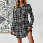 DUYIT Single-Breasted Plaid Lapel Shirt Dress Spring/Autumn New Casual All-Match Long-Sleeved Waist Dress