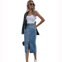 Fashion Denim Skirt High Waist Single-breasted Front Slit Denim Skirt with Pockets