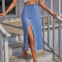 DUYIT Women's INS Wind Side Buttons Irregular Slits Sexy Personality High Waist Half-Length Skinny Denim Long Skirt