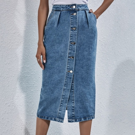 Fashion Denim Skirt High Waist Single-breasted Front Slit Denim Skirt with Pockets
