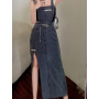 Korea Fashion Suspender Women's Vintage Slim Long Denim Dress Sexy Blue Midi Stundress Lady Braces Slit Dress Streetwear