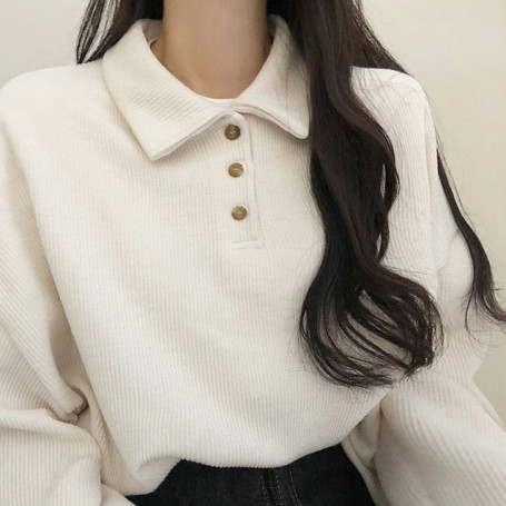 Yasuk Autumn Winter Fashion Casual Polo Lapel Pullover Women's Slim All Match Simple Preppy Style School Student Gentle Velvet