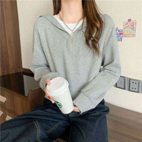 Yasuk Autumn Winter Fashion Casual T-Shirts Pullover Women's Loose Top Fake Two Piece Suit All-Match Sporty Student Girl Zipper