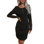 Autumn Women Party Dress Ruched Sheath Sexy Slim Solid Color Round Neck Lace Sleeve Female Dresses Office Clothing