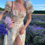 Floral Print Dress Elegant Square Neck Puff Sleeve High Split Long Dress Party Chic Women