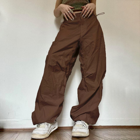 Casual Joggers Tech Pants Women Vintage Hip Hop Low Waist Solid Baggy Trousers Y2K Streetwear Drawstring Wide Leg Cargo Pants